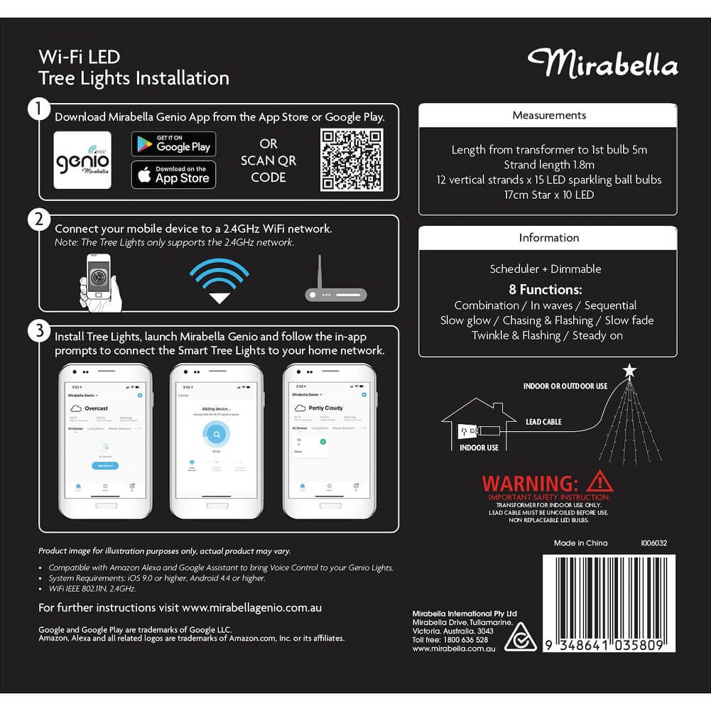 Mirabella Genio Wi-Fi 6ft/1.83m 190 LED Colored Easy Tree Lights with Star - Imported from UK