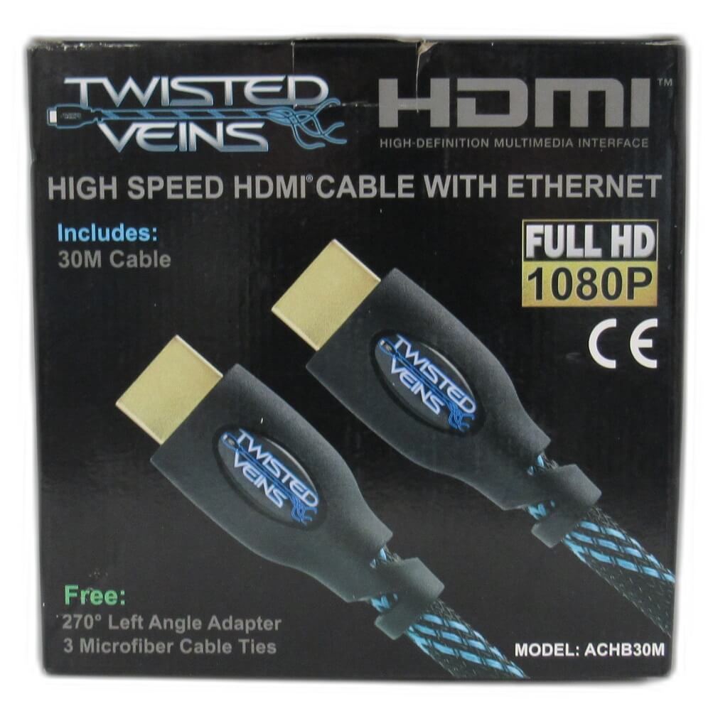 Twisted Veins 30M High Speed HDMI Cable with Ethernet, 1080p Braided Cable - Imported from UK