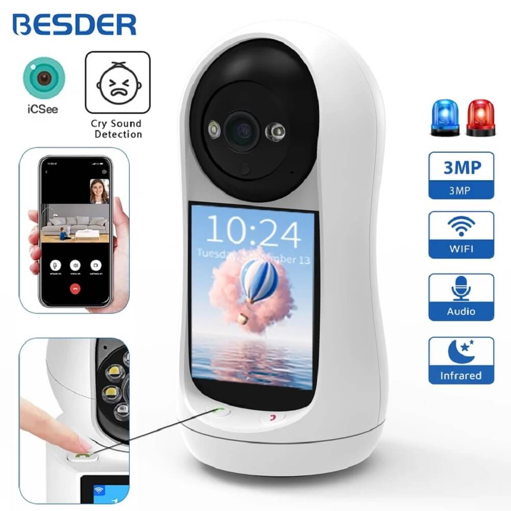BESDER 3MP PTZ WiFi Camera Video Call with 2.8" IPS Screen, Baby Cry Sound Detection Security IP Camera - Imported from UK