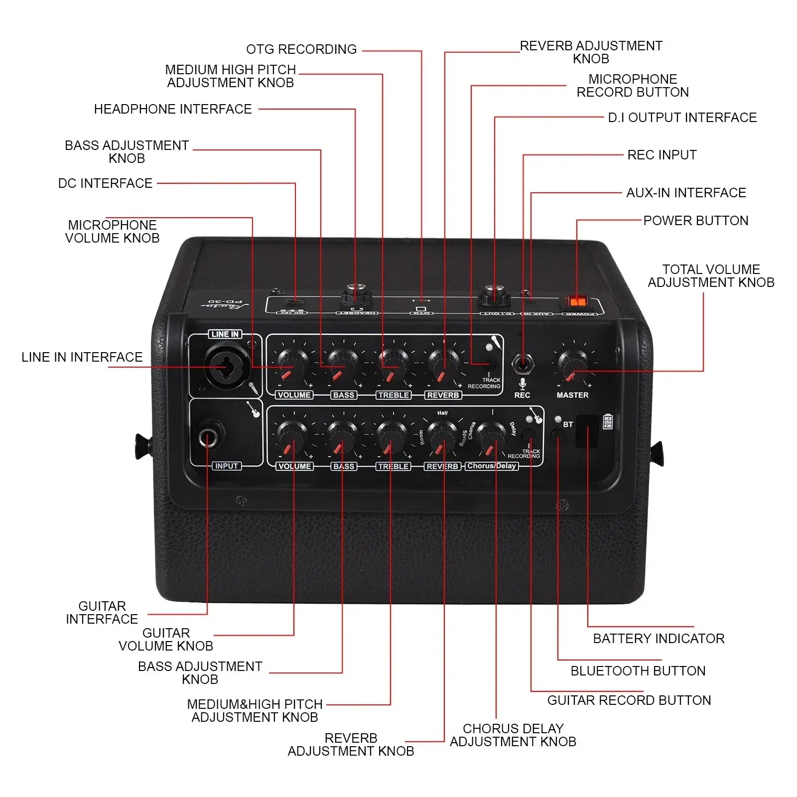 Rowin 30W Electric Guitar Multifunctional Amplifier with OTG BT Function, Rechargeable Portable Acoustic Guitar Amp Reverb Chorus Effect REC Microphone Inputs Aux In Headphone Jack - Imported from UK