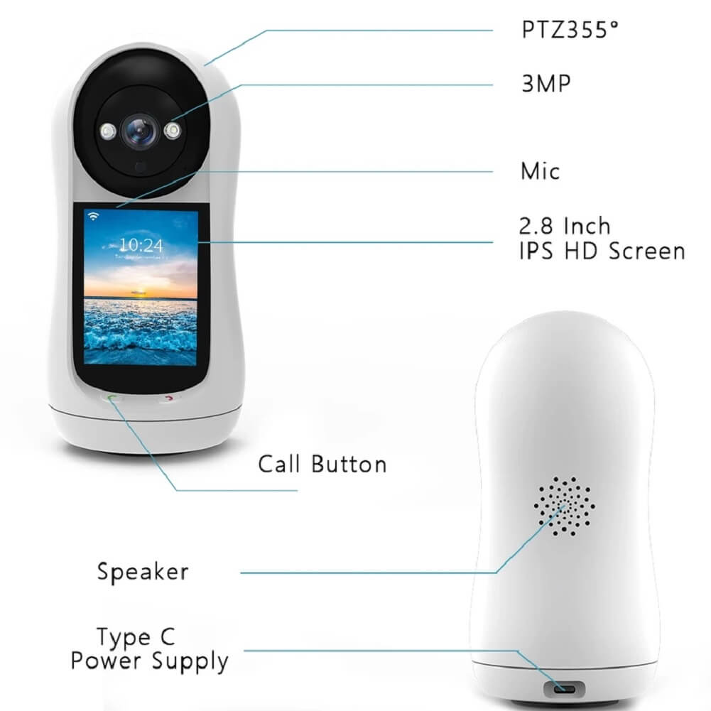 BESDER 3MP PTZ WiFi Camera Video Call with 2.8" IPS Screen, Baby Cry Sound Detection Security IP Camera - Imported from UK