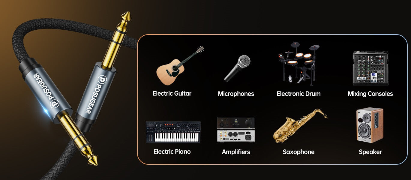 POSUGEAR 6.35mm to 6.35mm Guitar Cable 5M, Professional 1/4" Jack to Jack Cable Guitar Lead, Guitar Amp TRS Cable with Nylon Braid for Electric Guitar, Bass, Amplifier, Keyboard, Speaker - Imported from UK