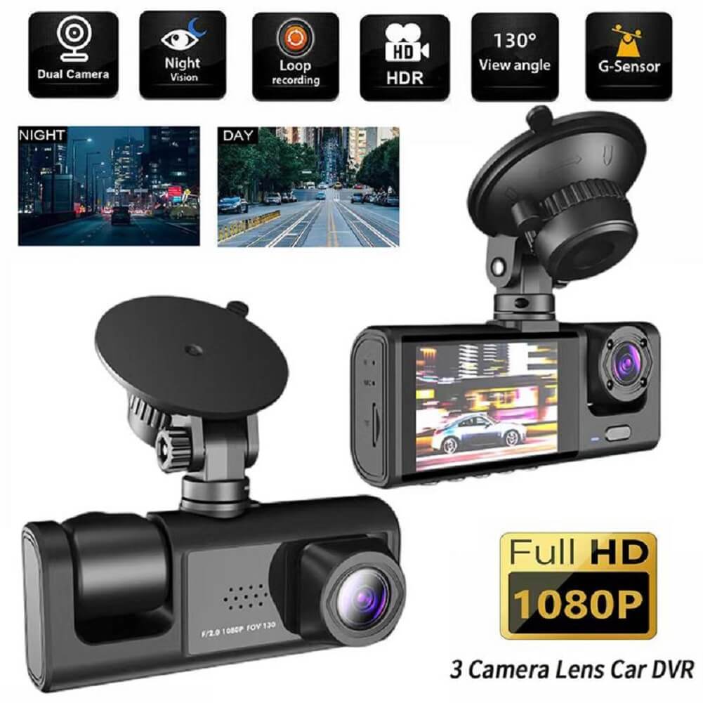 3-Channel Car Dash Cam, 3 Camera Lens Car DVR, HD 1080P Front & Rear Inside Dash Cam, Dual Lens Video Recorder Black Box 24H Parking Monitoring Night Vision - Imported from UK