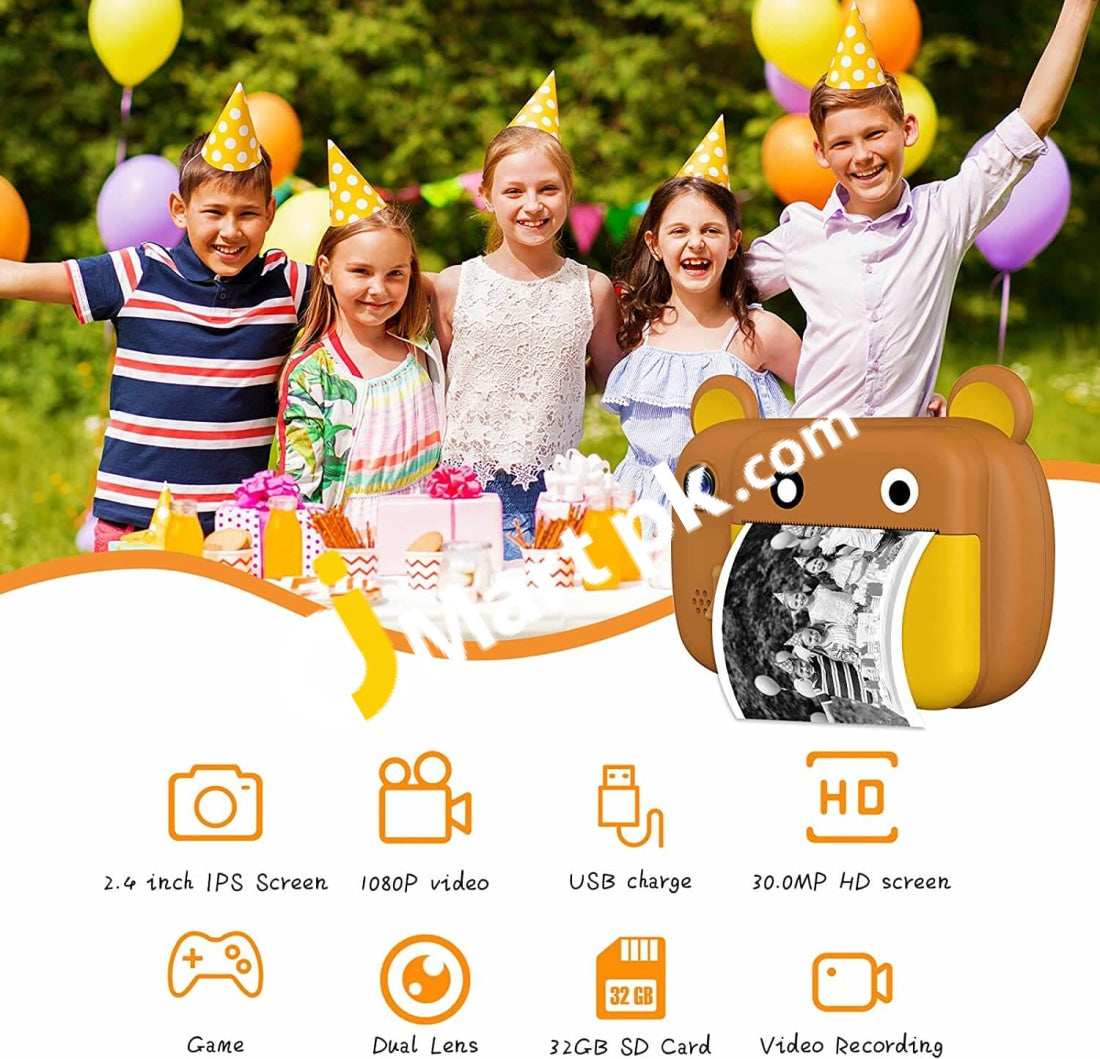 Childrens Digital Instant Print Camera Zero Ink Kids With Paper Toys 2.4 Ips Screen 32G Sd Card -