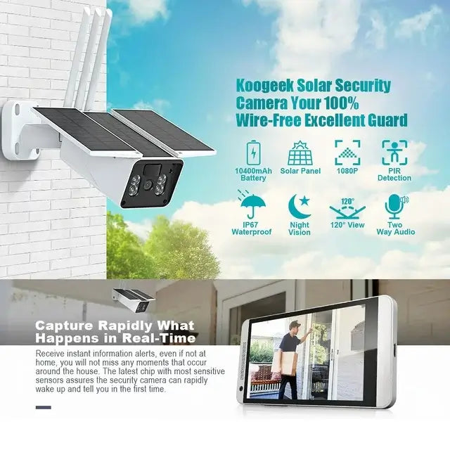 Koogeek Outdoor Solar WiFi Security Camera, 1080P HD Night Vision TF Card Slot PIR Motion Detection APP IP67 2-Way Audio Cloud Service - Imported from UK