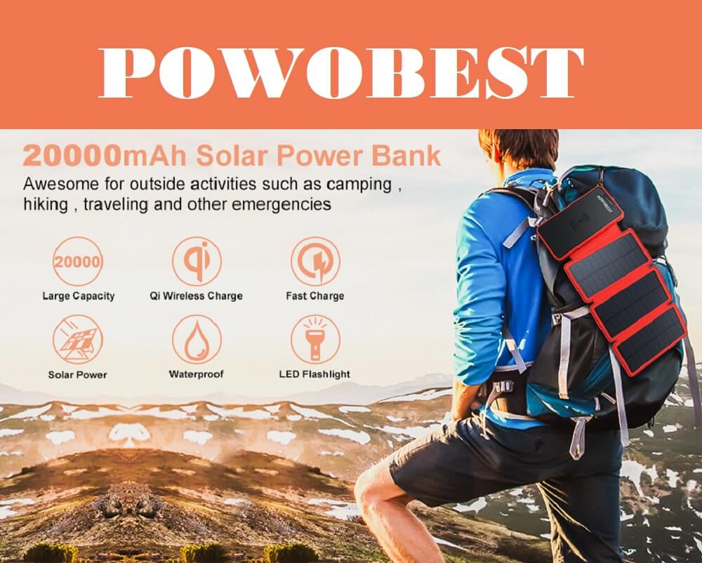 POWOBEST 20000mAh Solar Power Bank with 3 Solar Panels, USB Ports & LED Flashlight, Waterproof Portable Charger for Outdoor Activities - Imported from UK