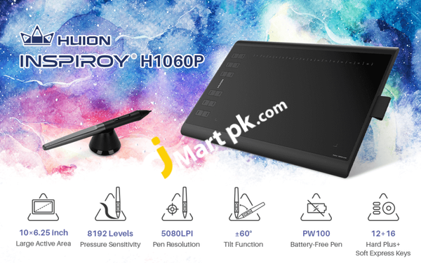 HUION Inspiroy H1060P Graphics Drawing Tablet with 8192 Pressure  Sensitivity Battery-Free Stylus and 12 Customized Hot Keys, 10 x 6.25  inches Digital