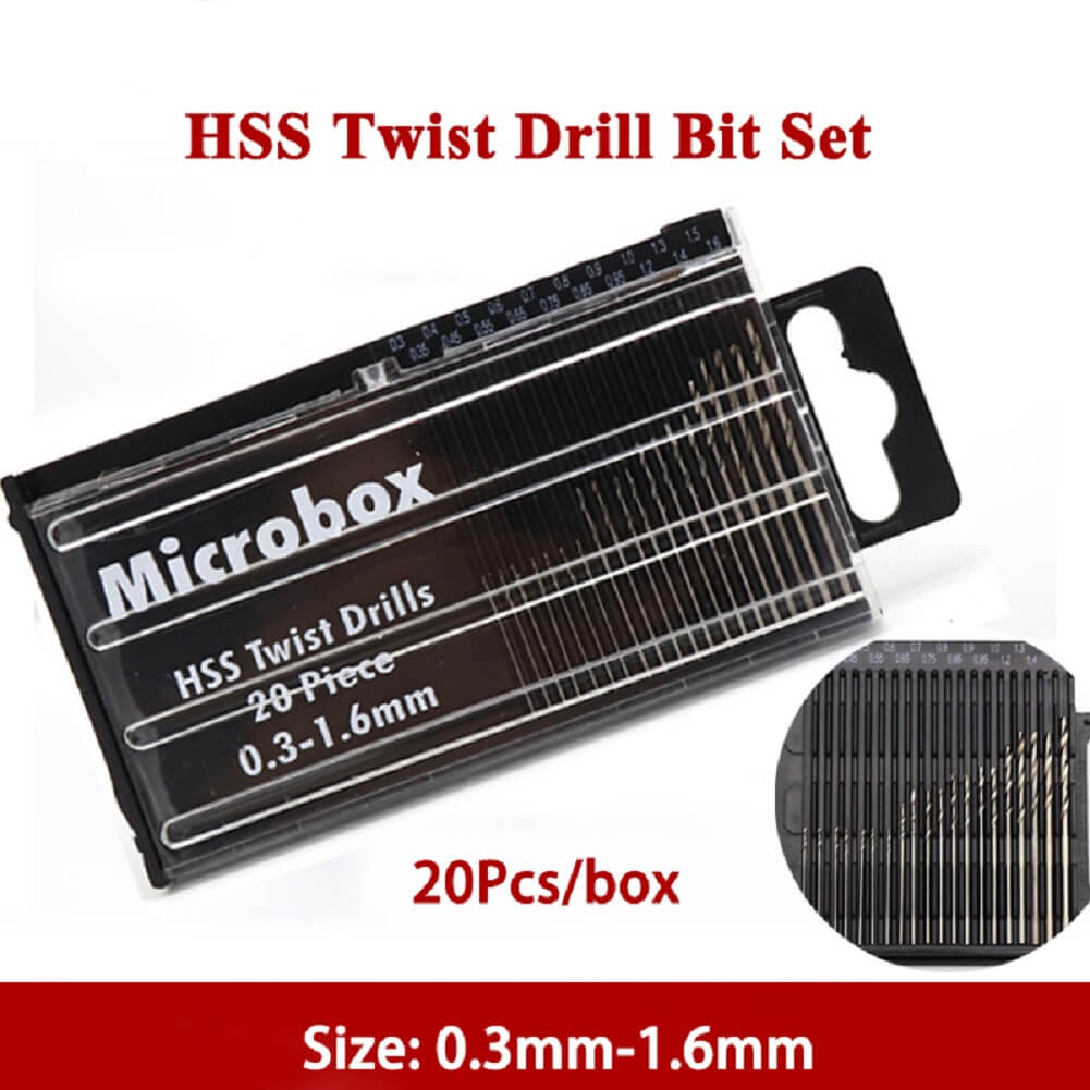 HSS Mini Micro Drill Bit Set, 0.3-1.6mm Twist Drill Bits Precision Drill DIY Kit Rotary Hand Tools Accessory (20pcs) - Imported from UK