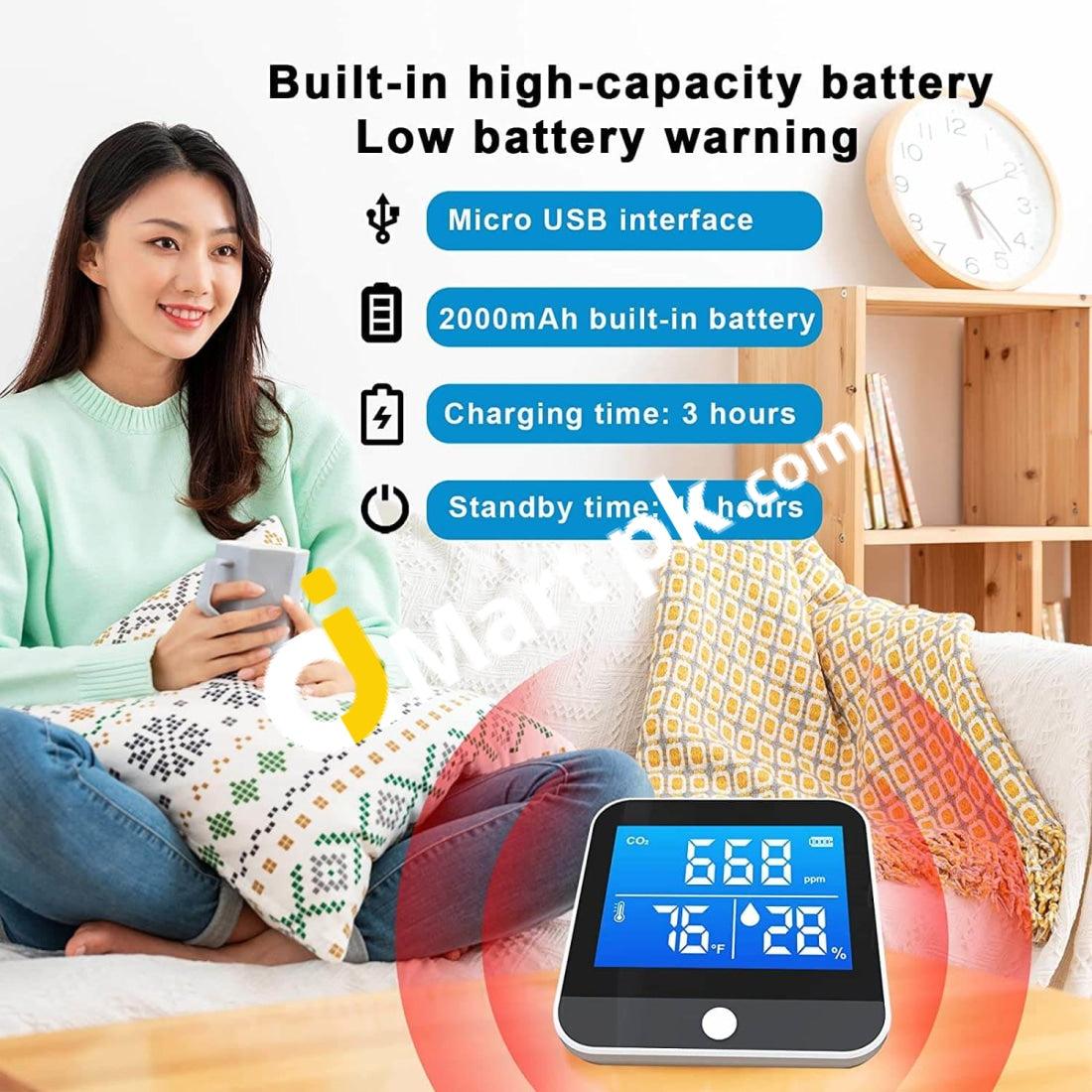 Indoor Air Quality Carbon Dioxide Monitor Ndir Sensor Usb Rechargeable Co2 Alarm Meter Temperature &