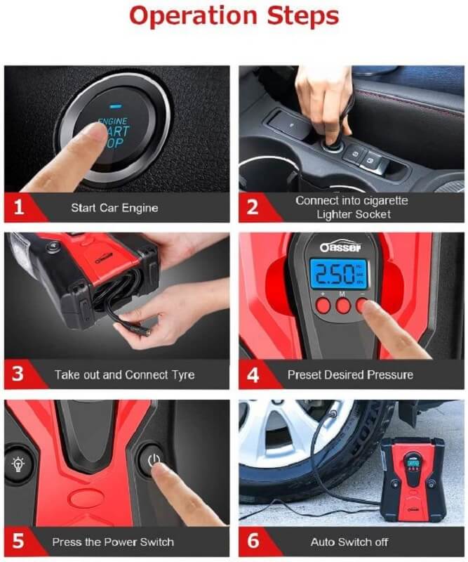 Oasser Digital Tyre Inflator, Portable Air Compressor With Detachable Pressure Gauge For Cars Bicycles Balls & Other Inflatables, 120W 12V DC - Imported from UK