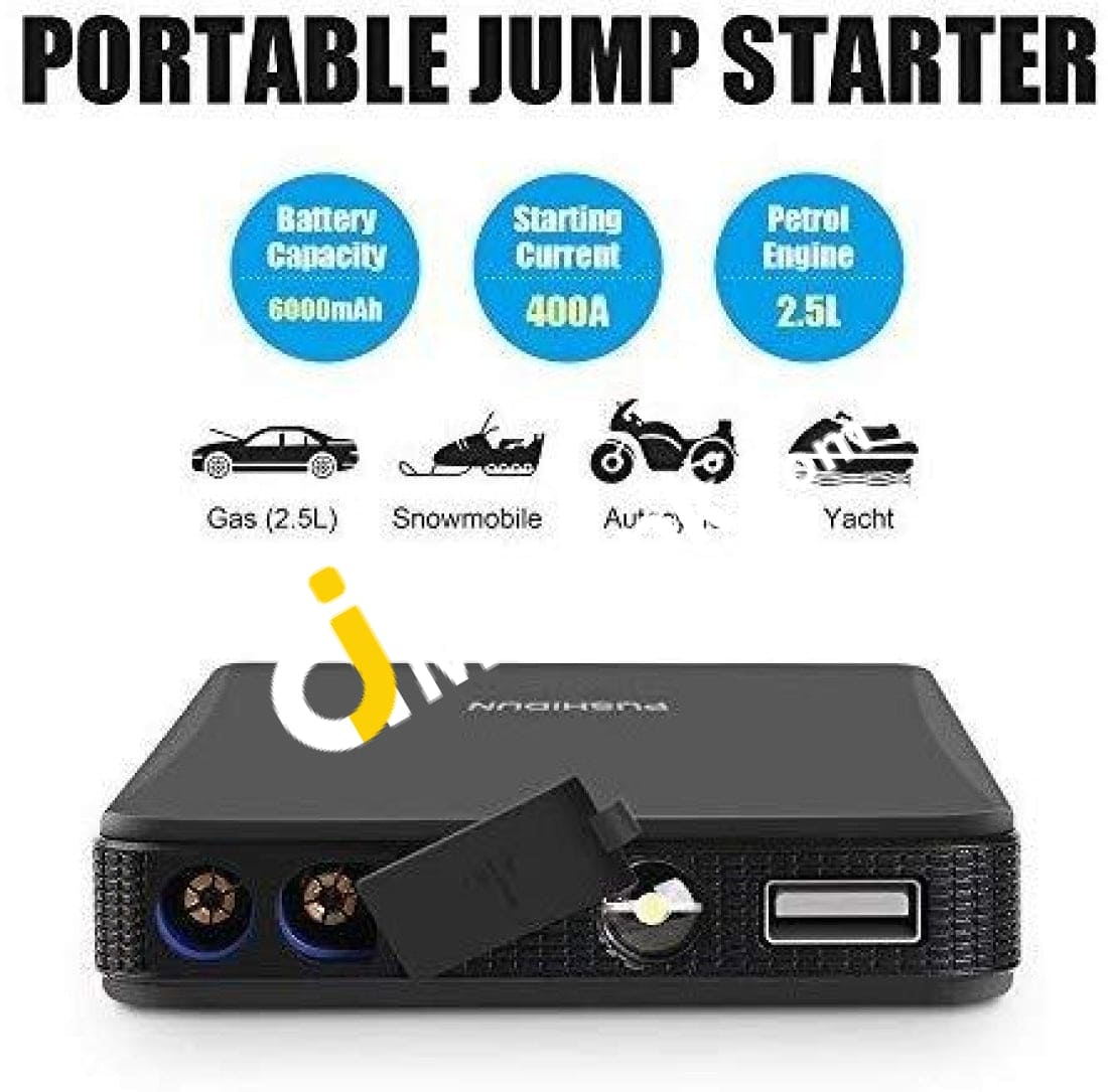Pushidun Car Jump Starter 6000Mah 400A 12V Auto Battery Jumper Booster With Led Flashlight 3 Modes