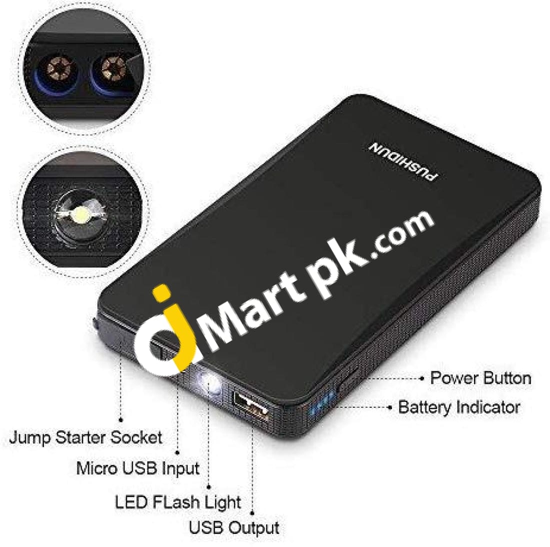 Pushidun Car Jump Starter 6000Mah 400A 12V Auto Battery Jumper Booster With Led Flashlight 3 Modes