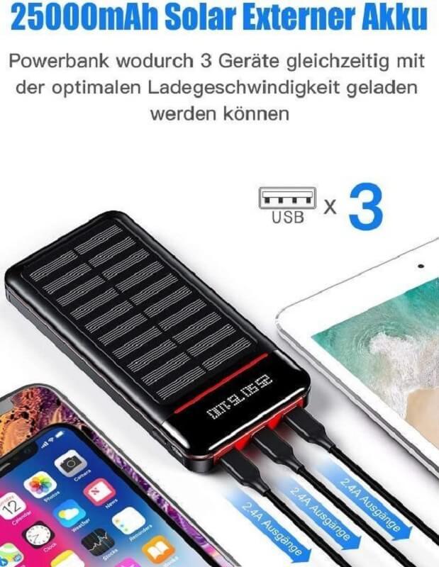 RLERON 25000mAh Solar Power Bank with LED Light, High Capacity External Battery Charger with 3x 2.4A USB Outputs & 2x 2.4A Inputs, Portable Charger - Imported from UK