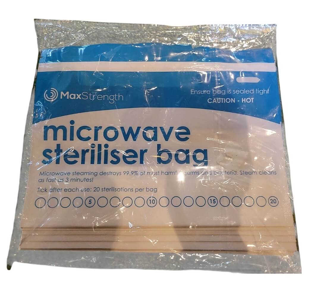 Max Strength Microwave Premium Sterilizer Bags (Pack of 10), Large & Durable Steam Bags for Baby Bottles, Soothers, Teethers & Training Cups, 20 Uses Per Bag, Marking System, Chemical Free - Imported from UK