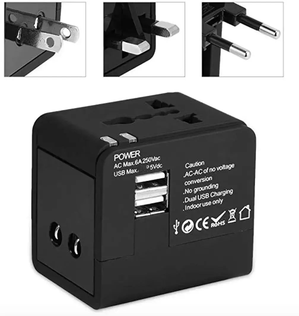 Universal Travel Adapter with Dual USB Charging Port, All-in-One Worldwide AC Outlet Plugs for Europe, UK, US, AU, Asia (Container Product Without Box) - Imported from UK