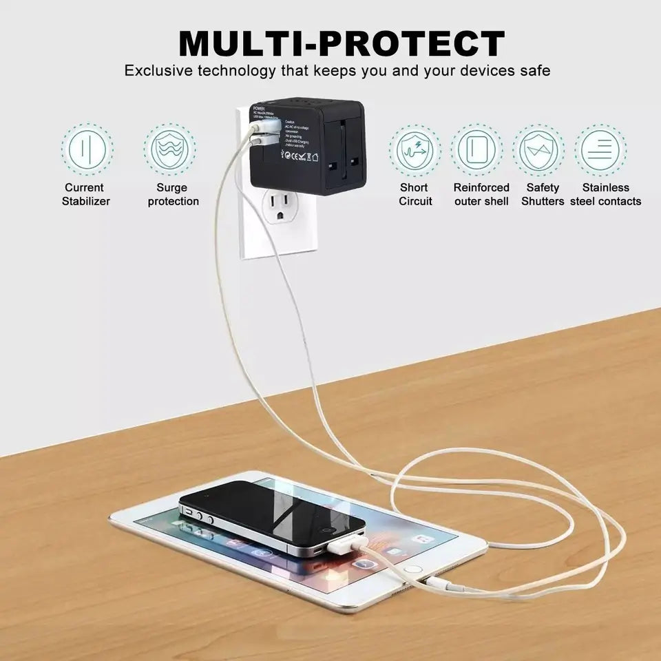 Universal Travel Adapter with Dual USB Charging Port, All-in-One Worldwide AC Outlet Plugs for Europe, UK, US, AU, Asia (Container Product Without Box) - Imported from UK