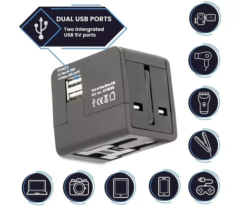 Universal Travel Adapter with Dual USB Charging Port, All-in-One Worldwide AC Outlet Plugs for Europe, UK, US, AU, Asia (Container Product Without Box) - Imported from UK