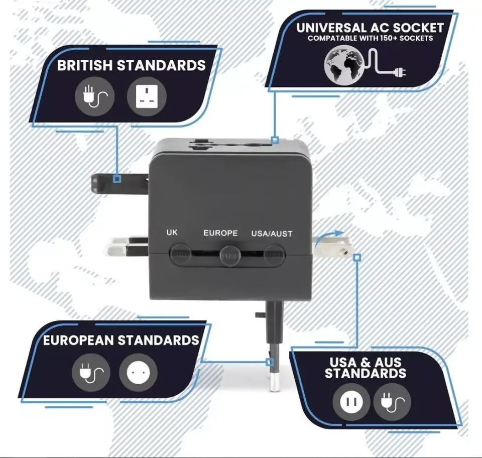 Universal Travel Adapter with Dual USB Charging Port, All-in-One Worldwide AC Outlet Plugs for Europe, UK, US, AU, Asia (Container Product Without Box) - Imported from UK
