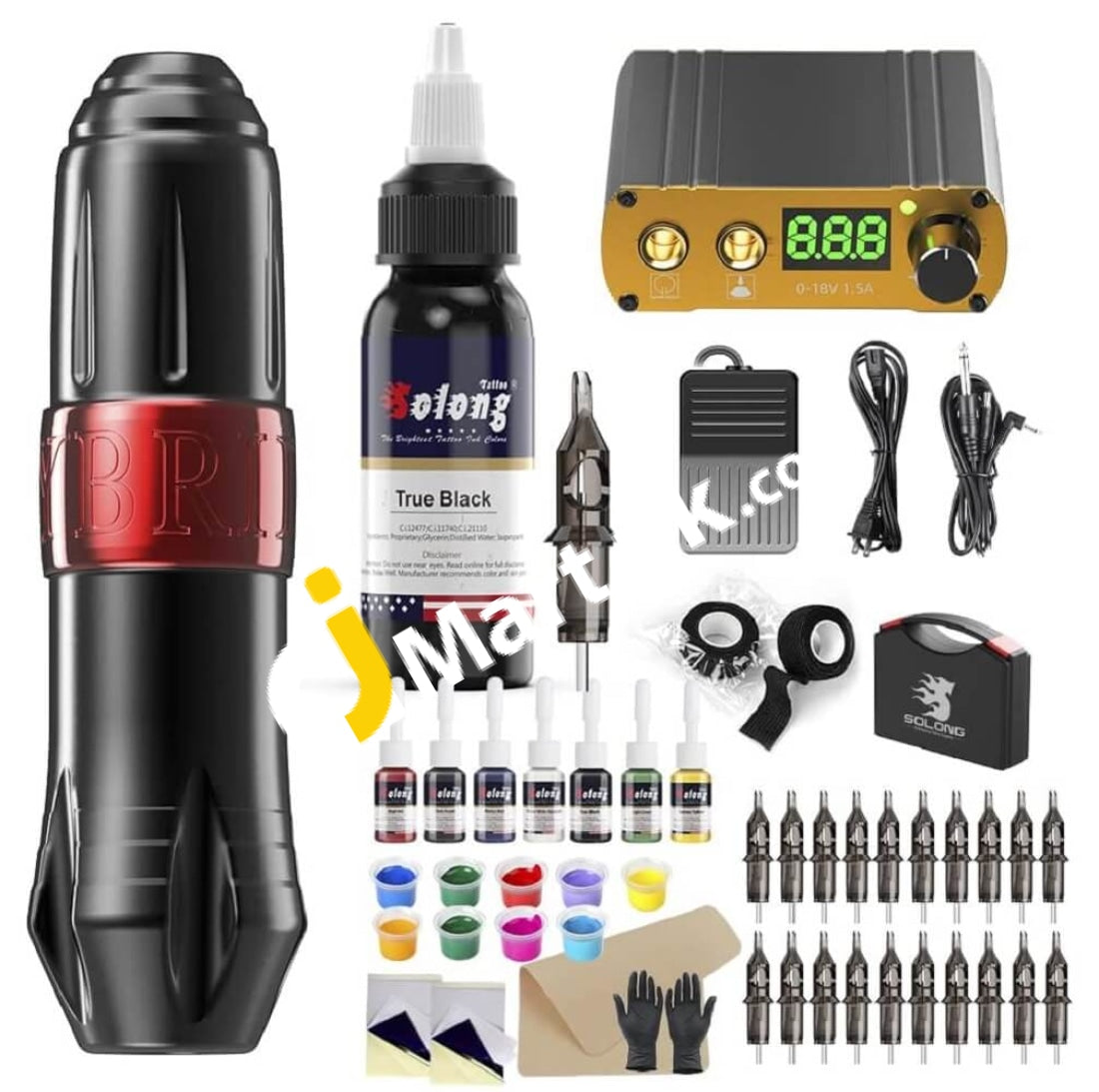 Solong Rotary Tattoo Machine Kit Hybrid Pen 20 Cartridges 8 Inks Professional Digital Power Supply -