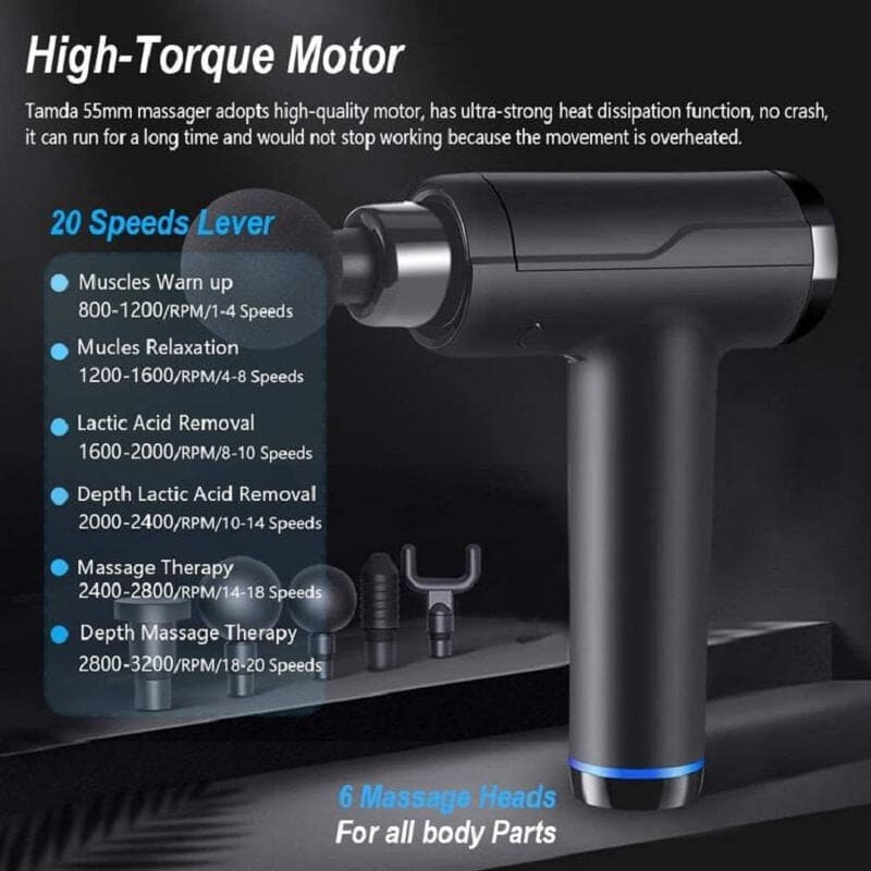 Tamda Massage Gun, Powerful Cordless Percussion Handheld Portable Deep Tissue Muscle Massager with 6 Massage Heads, 20 Speeds, LCD Touch Screen, Featuring Quiet Glide Technology - Imported from UK