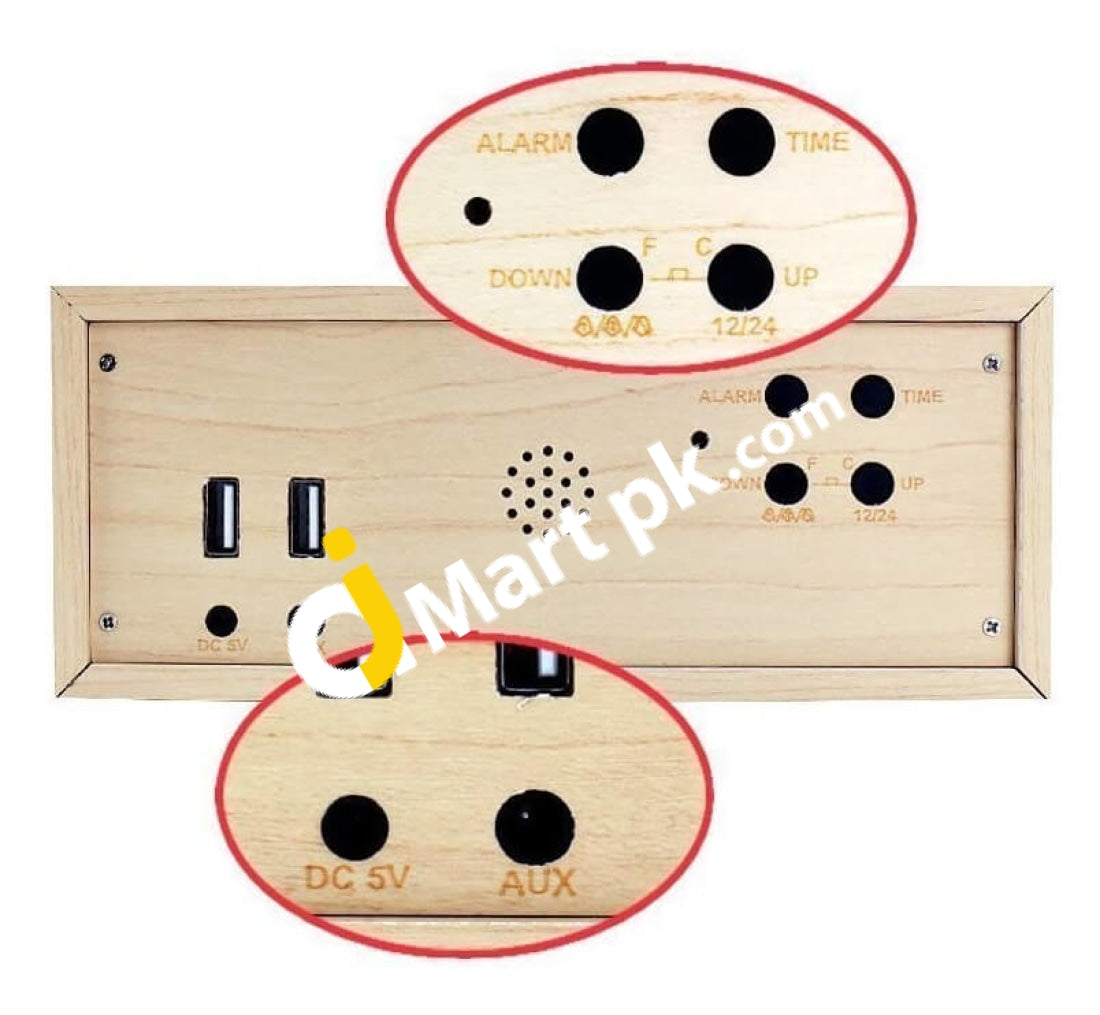 Eachine X5 9 in 1 Multi-Function Wooden Alarm Clock with Built-in Wireless Charger, Bluetooth 4.0 Speaker with Mic, Clock, Thermometer, NFC, LED Time Display & Double USB Interface  - Imported from UK