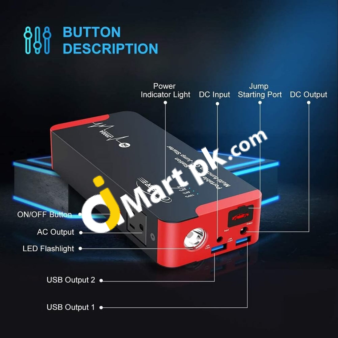 Yaber Car Jump Starter 2000A Peak 22000Mah 100W Portable Power Station Battery With Ac & Dc Output