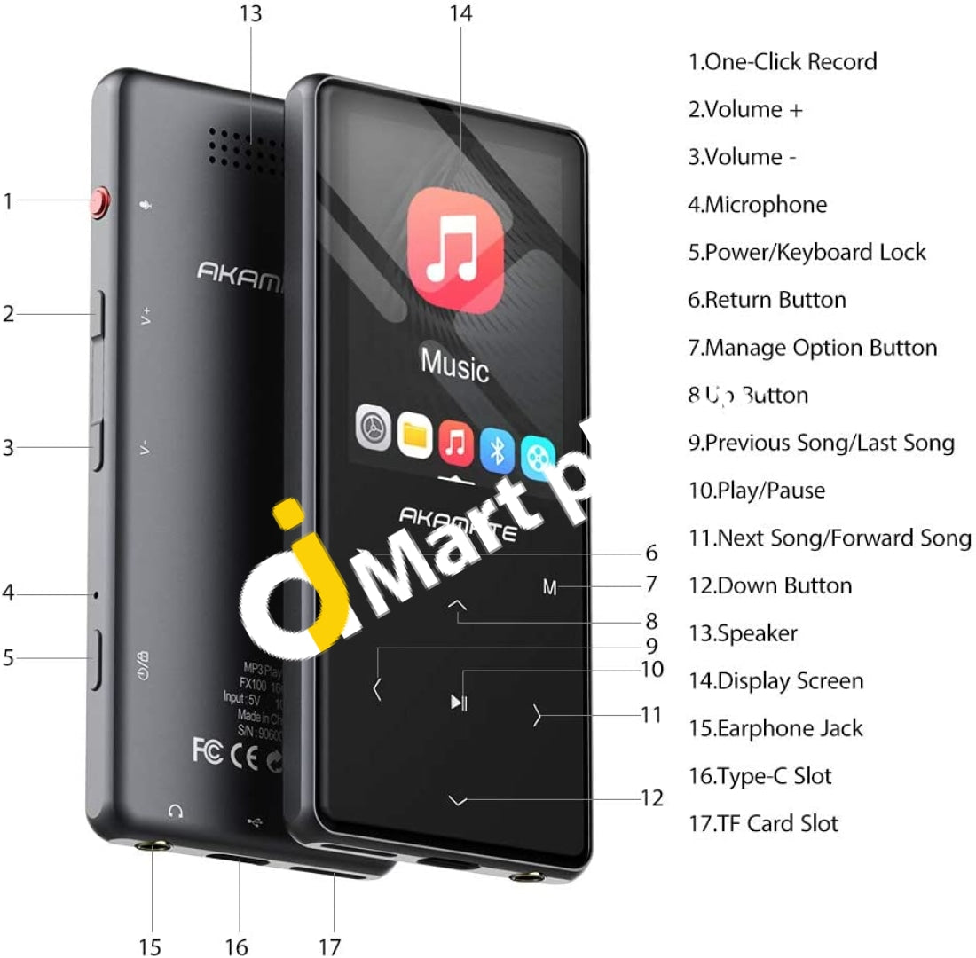 Akamate Mp3 Player Music 16Gb With Bluetooth 4.2 Fm Radio One Click Recording 2.4 Screen Built-In