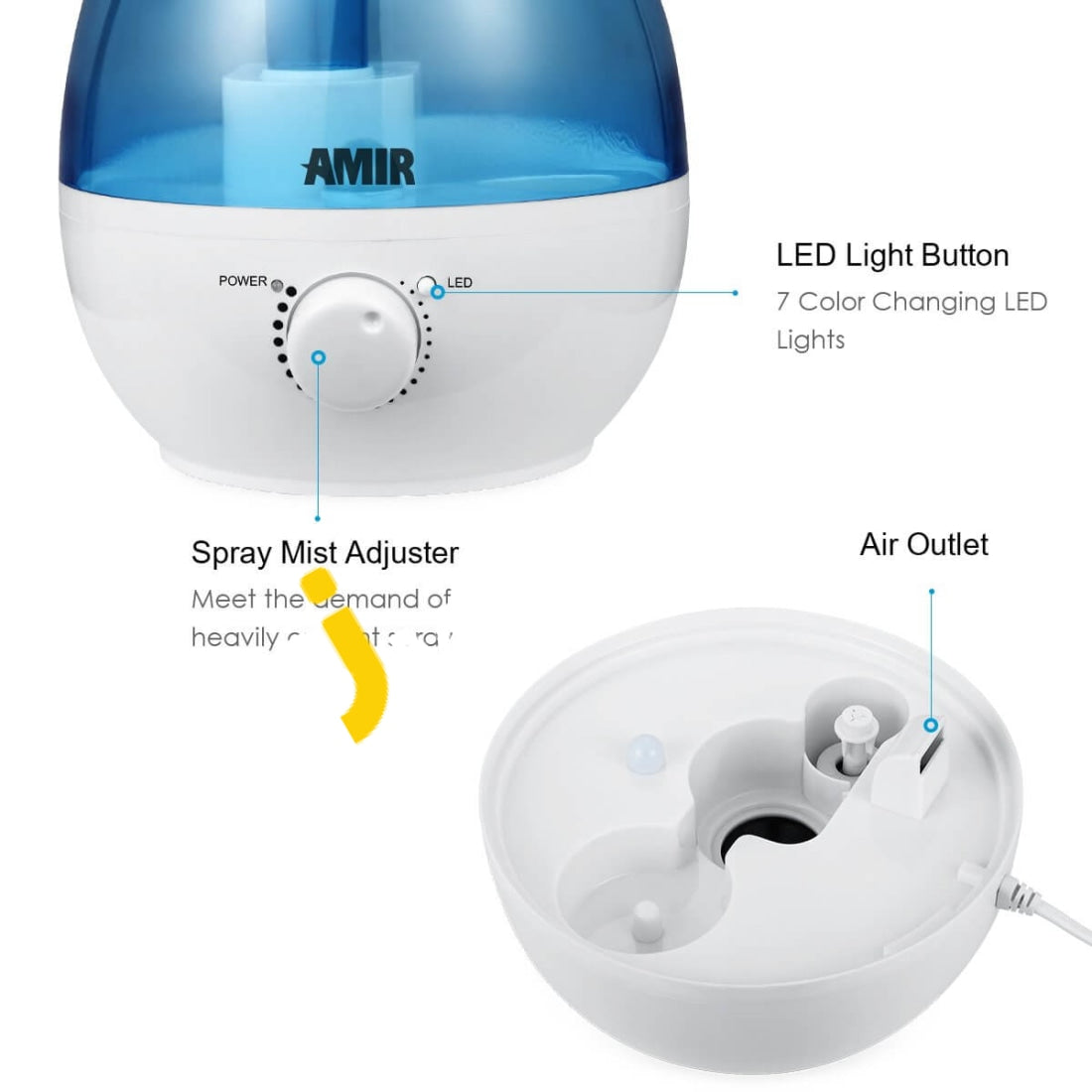 Amir 2.8L Ultrasonic Cool-Mist Humidifier Aroma Oil Diffuser With Color Changing Led Lights -