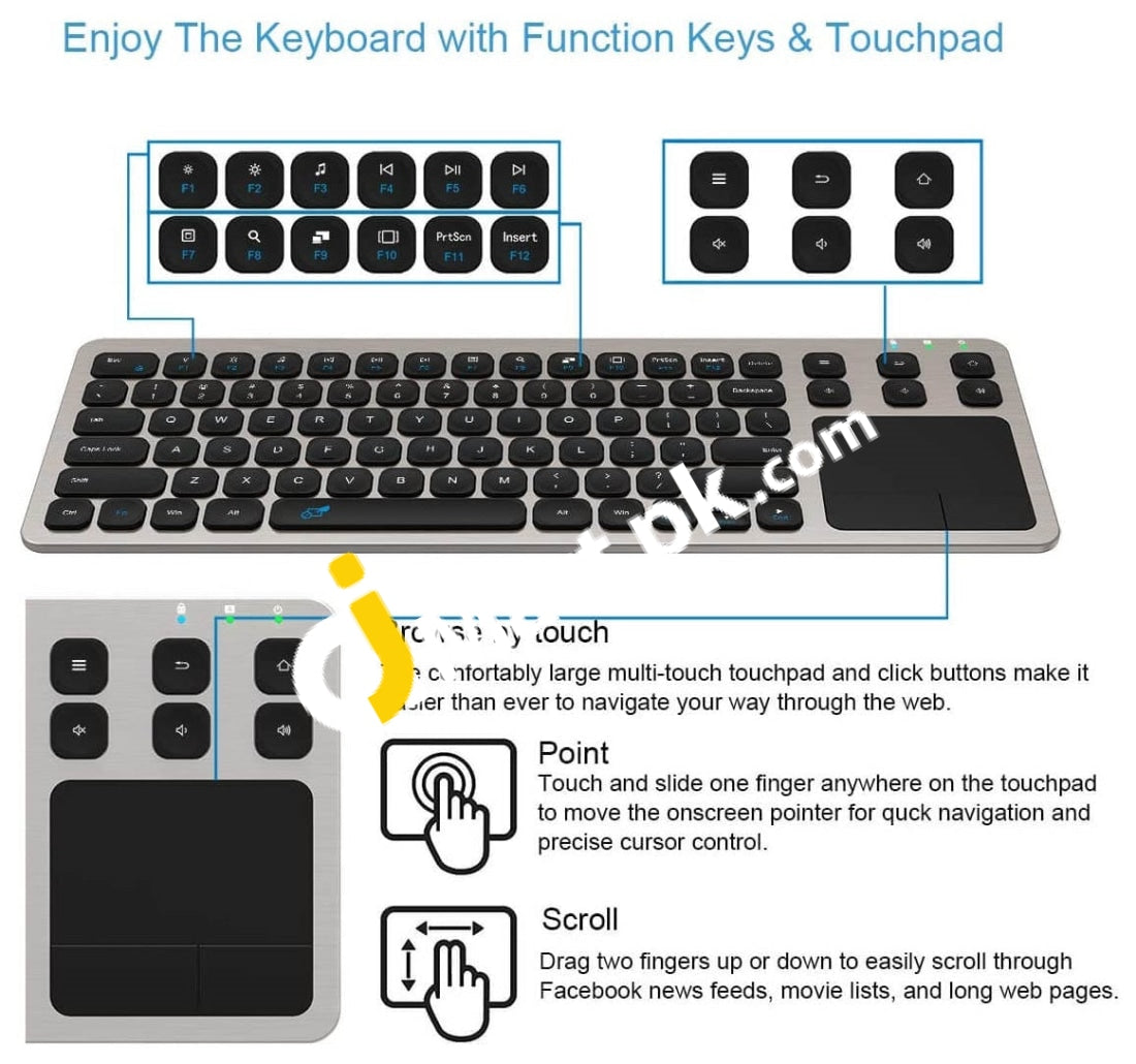Arteck 2.4G Wireless Usb Touch Solid Stainless Ultra Compact Full Size Keyboard With Built-In