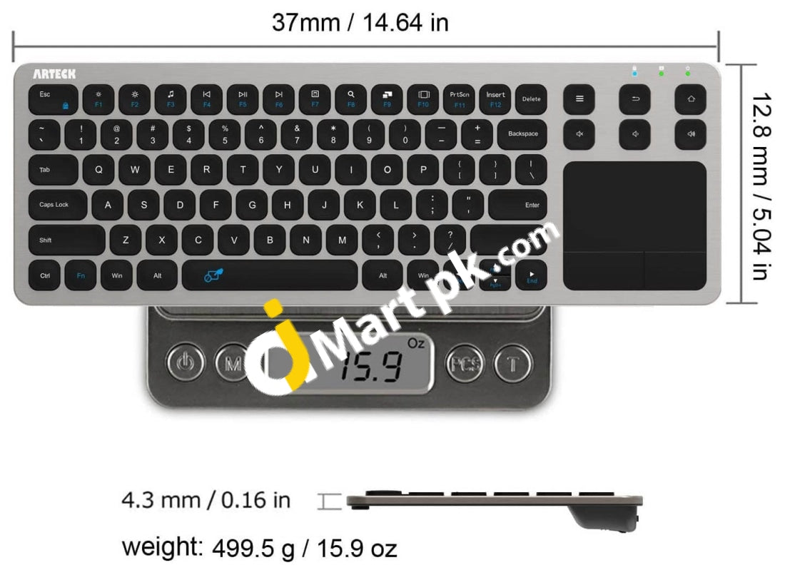 Arteck 2.4G Wireless Usb Touch Solid Stainless Ultra Compact Full Size Keyboard With Built-In
