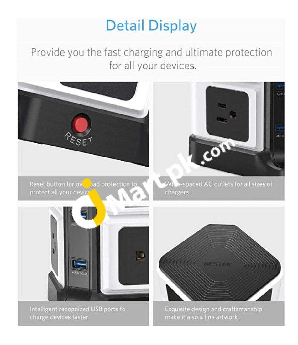 Bestek 8-Outlet Power Strip Tower And 3-Port Usb Charging Dock Station 220-250V / 3250W - Imported