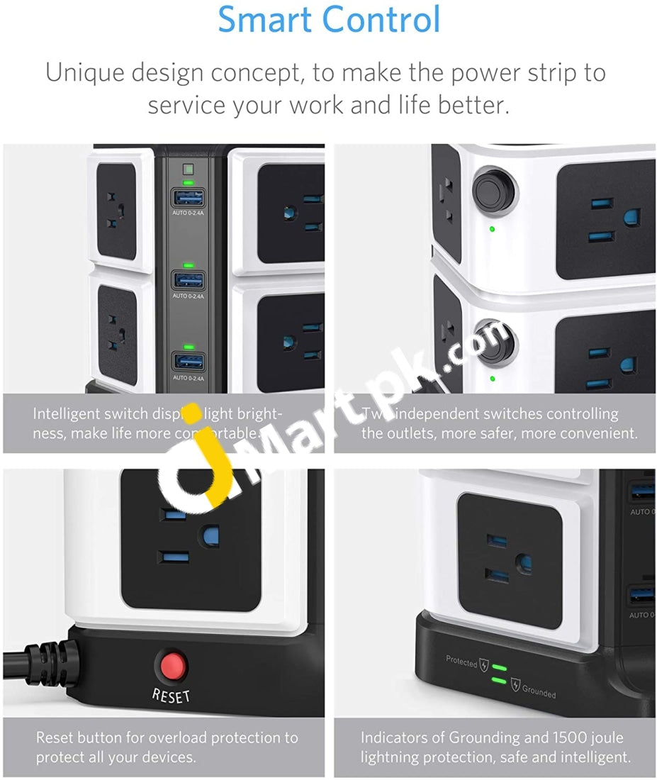 Bestek 8-Outlet Power Strip Tower And 3-Port Usb Charging Dock Station 220-250V / 3250W - Imported