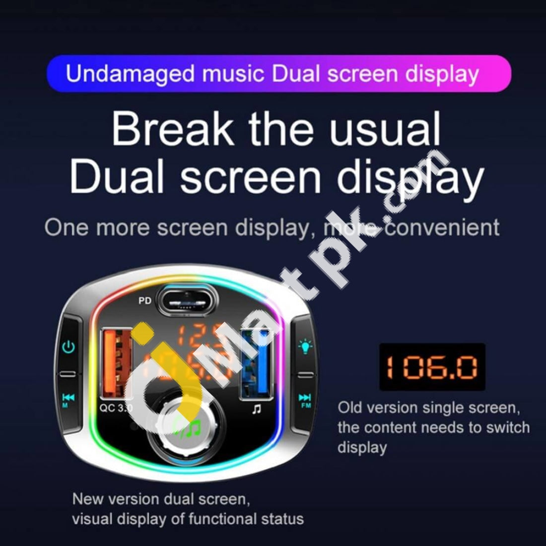 Bluetooth 5.0 Car Charger Qc3.0+Usb-C Fast Wireless Fm Transmitter With 7 Led Backlit Hands-Free