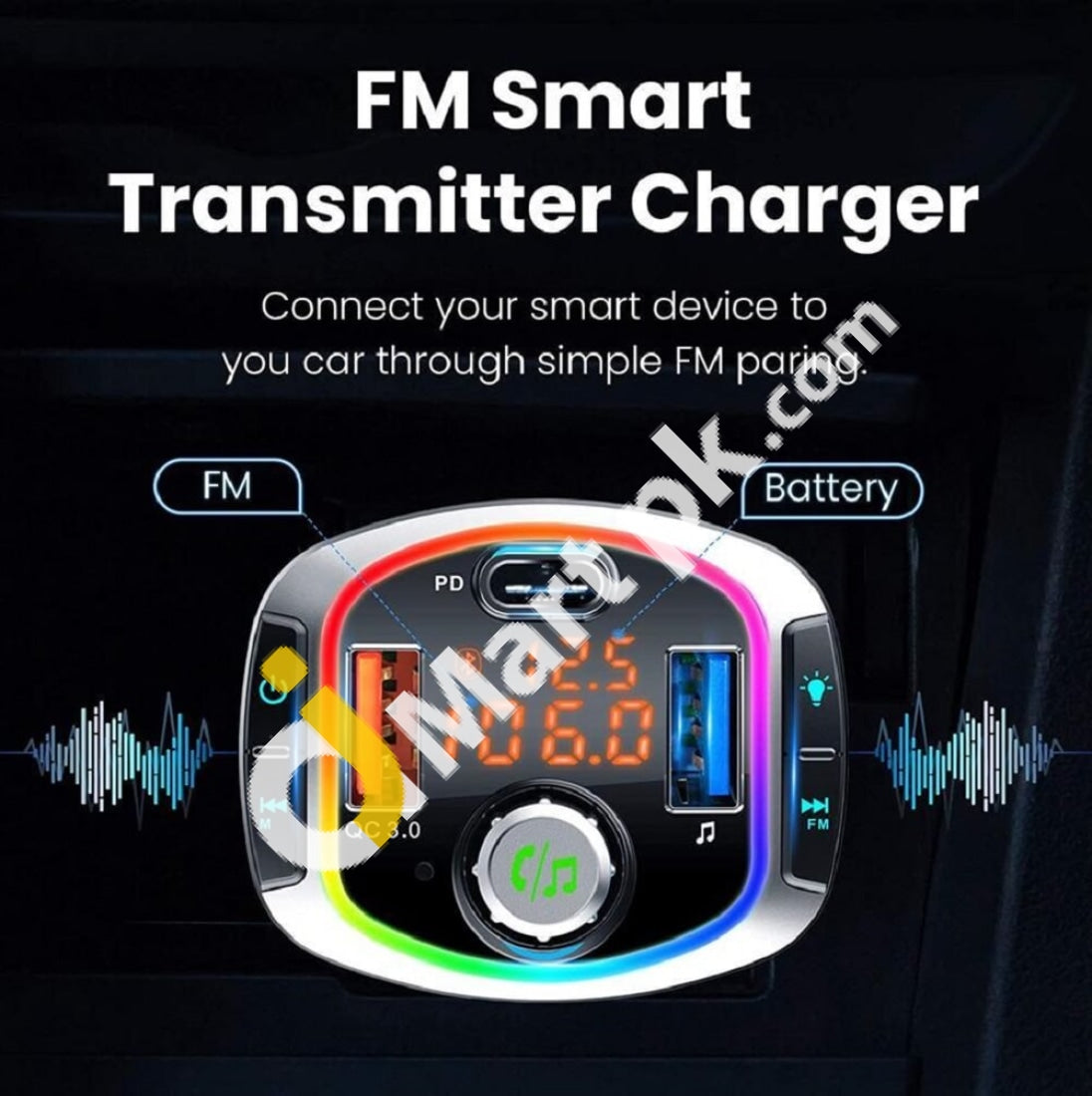 Bluetooth 5.0 Car Charger Qc3.0+Usb-C Fast Wireless Fm Transmitter With 7 Led Backlit Hands-Free