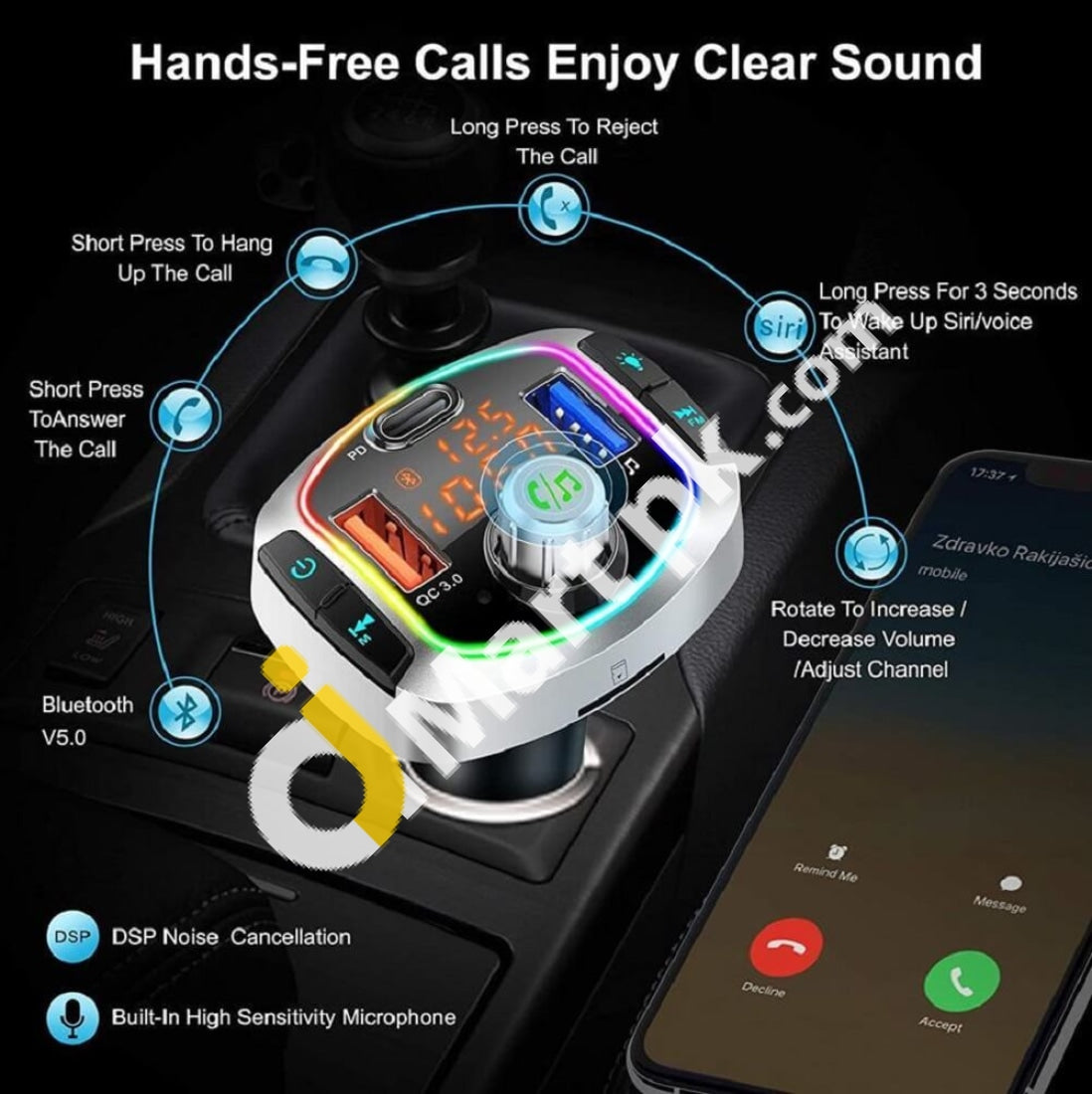 Bluetooth 5.0 Car Charger Qc3.0+Usb-C Fast Wireless Fm Transmitter With 7 Led Backlit Hands-Free
