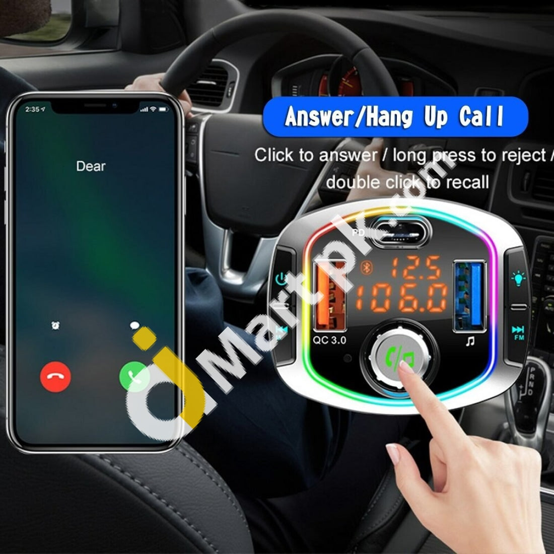 Bluetooth 5.0 Car Charger Qc3.0+Usb-C Fast Wireless Fm Transmitter With 7 Led Backlit Hands-Free