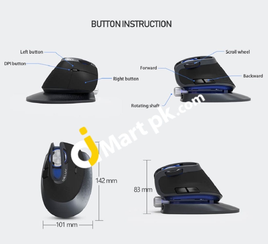 Delux M618X Adjustable Angle Wireless Bluetooth 3.0 Ergonomic Vertical Mouse With 4 Dpi Gear Shift -