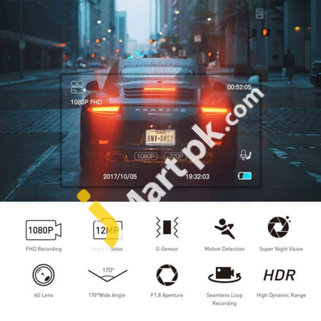 Ironpeas Car Dash Cam 1080P Dashboard Camera With Built-In Wifi G-Sensor 150° Wide-Angle Loop