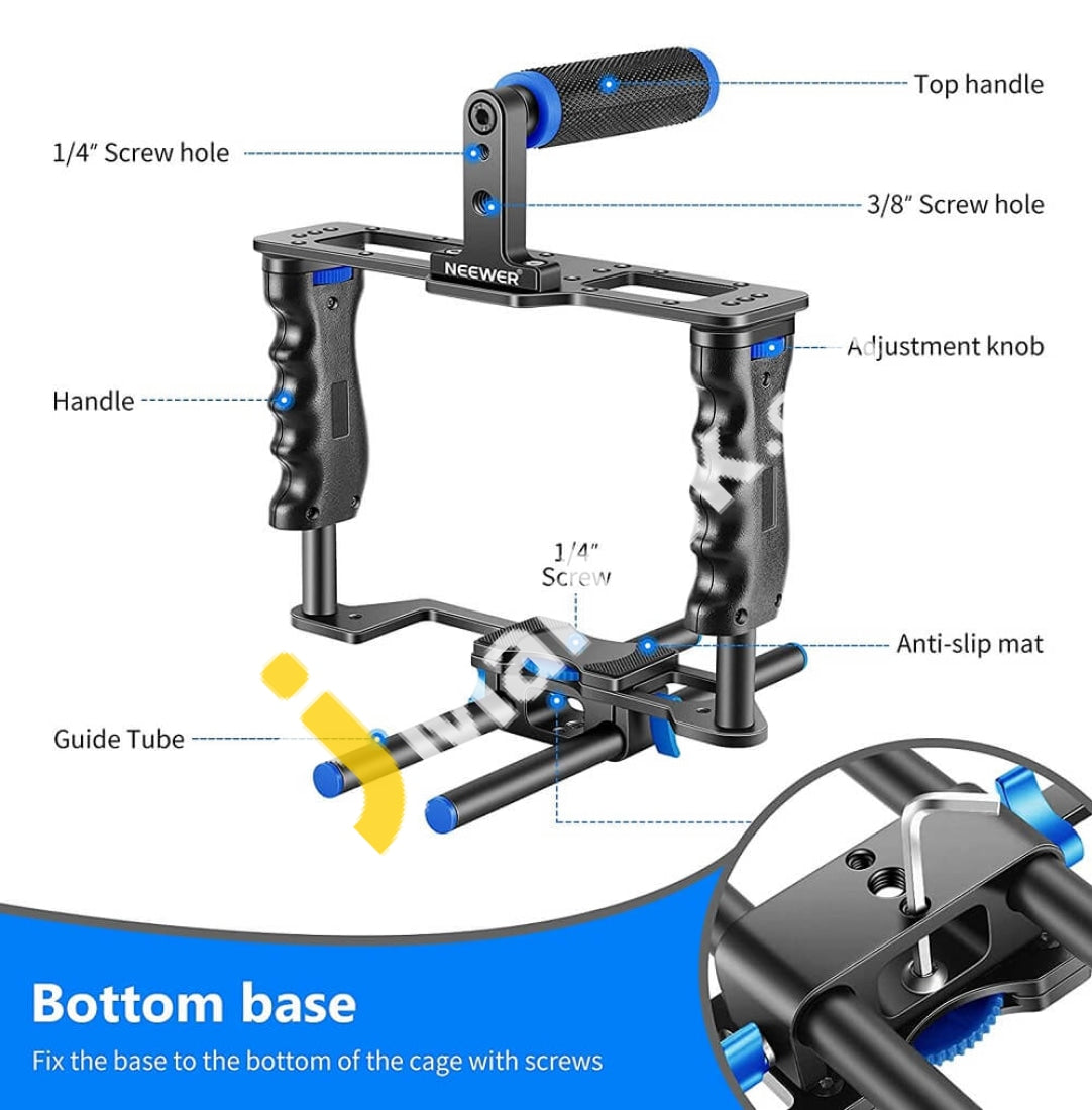 Neewer Dslr Cage C2 Video Film Kit Top Handle Dual Hand Grip Two 15Mm Rods Compatible With Canon