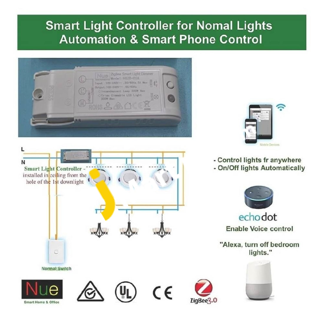 Nue 3A Smart Zigbee 3.0 Light Switch Controller For Echo Plus Hub Bridge To Control Normal Lights