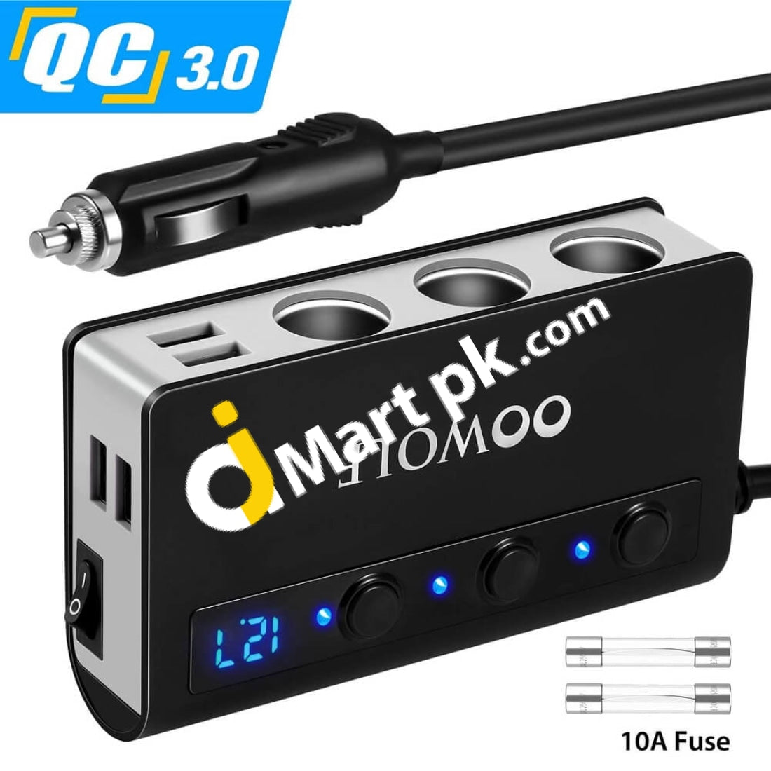 Oowolf Car Cigarette Lighter Adapter (7-In-1) Quick Charge 3.0 180W 12V/24V With 3-Socket Power