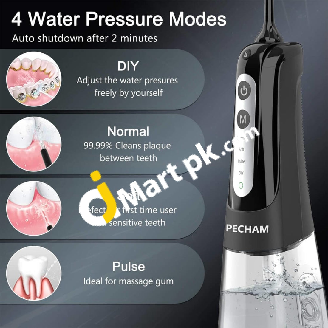 Dental Water Flosser Pecham 300Ml Portable Rechargeable Oral Irrigator 4 Jet Tips 3 Modes Ipx7