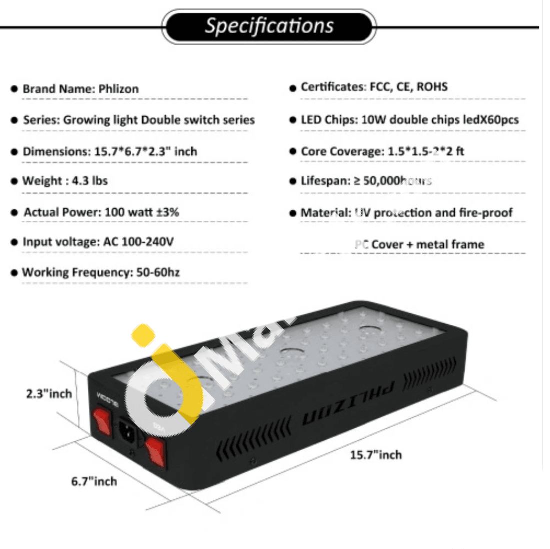 Phlizon 600W Led Grow Light Full Spectrum Double Switch For Indoor Plants Vegetables And Flowers -