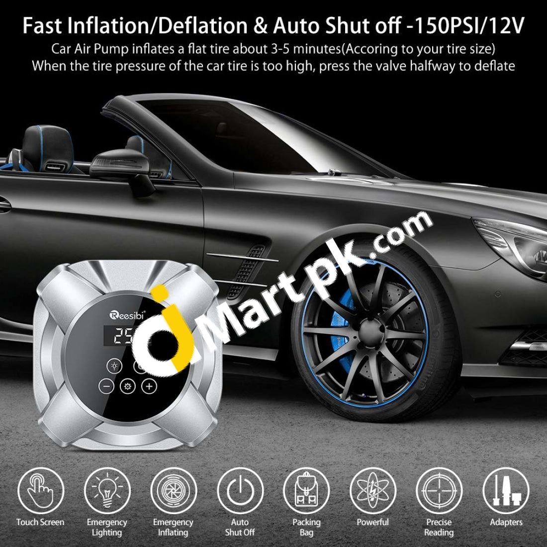 Reesibi Tyre Inflator Touch Screen 12V 150Psi Portable Air Compressor With Lcd Display Led Light 3