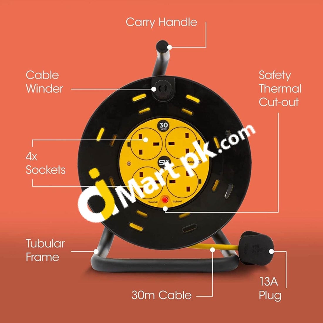 Slx 30 Metre Extension Lead Heavy Duty Cable Reel 4 Sockets Uk Cord With Thermal Cut-Out Protection