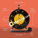 Slx 30 Metre Extension Lead Heavy Duty Cable Reel 4 Sockets Uk Cord With Thermal Cut-Out Protection