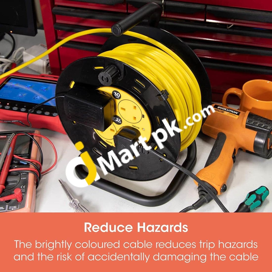 Slx 30 Metre Extension Lead Heavy Duty Cable Reel 4 Sockets Uk Cord With Thermal Cut-Out Protection