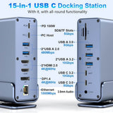 15 in 1 USB-C Docking Station 4K HD Vertical Hub with Triple Monitor 4K Display Dual HDMI + DP 5xUSB 3.0/2.0 PD 3.0