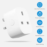 Smart plug showing security protection, timer & scene, voice control, remote control, & space saving