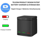 TELESIN Triple Charger Battery Storage Charging Box + 2 Battery Pack with USB Type-C Cable for GoPro Hero 8/7/6/5 - Imported from UK